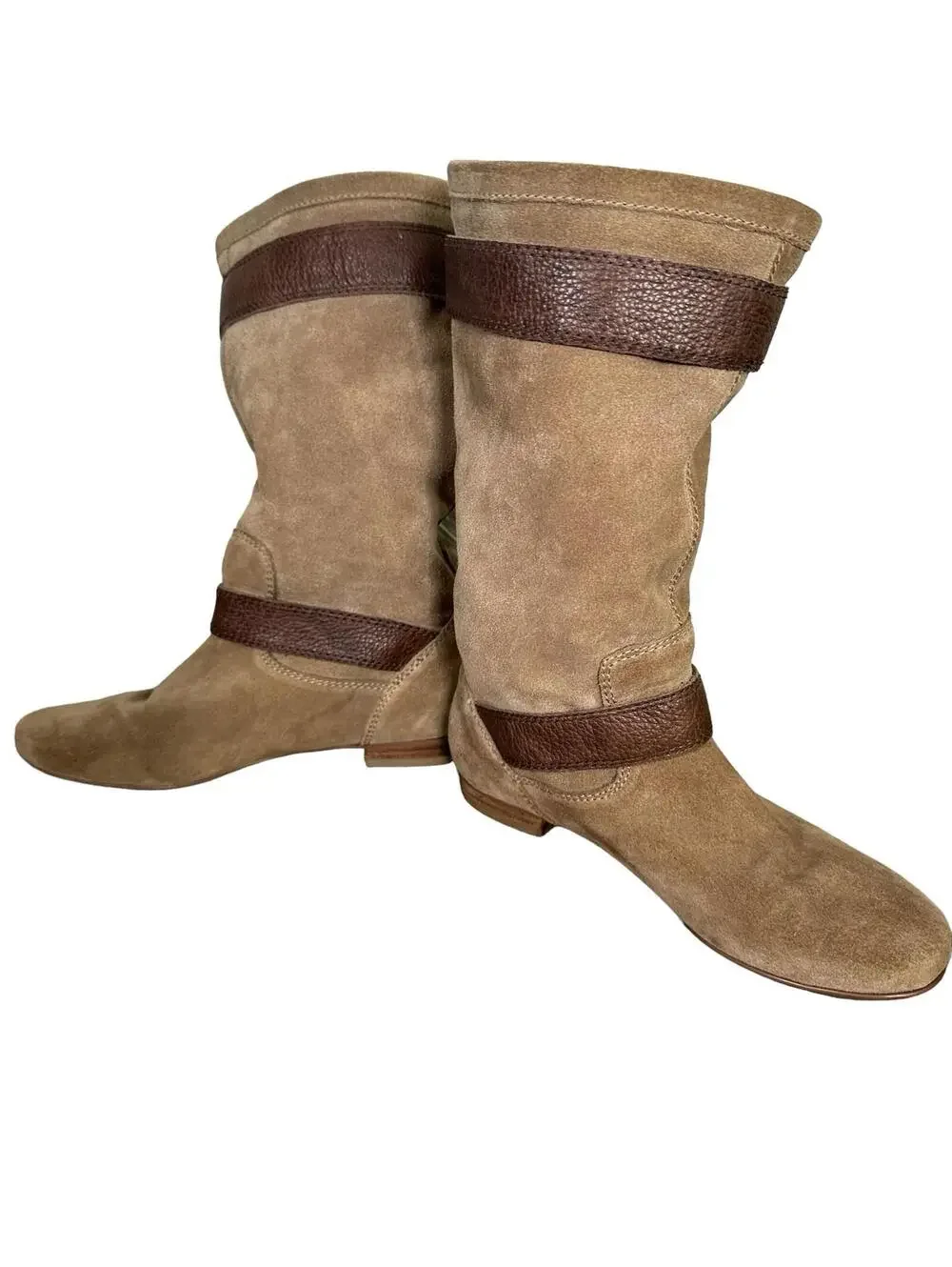 Marc Fisher Boots Hopkins Mid Calf Suede Riding Harness Flats Womens 6 M Brown